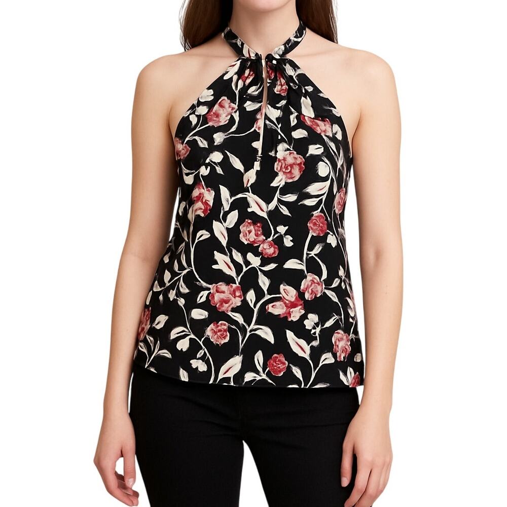 White House Black Market Silk Halter Top Neck Ties Black Floral Women's Size 4